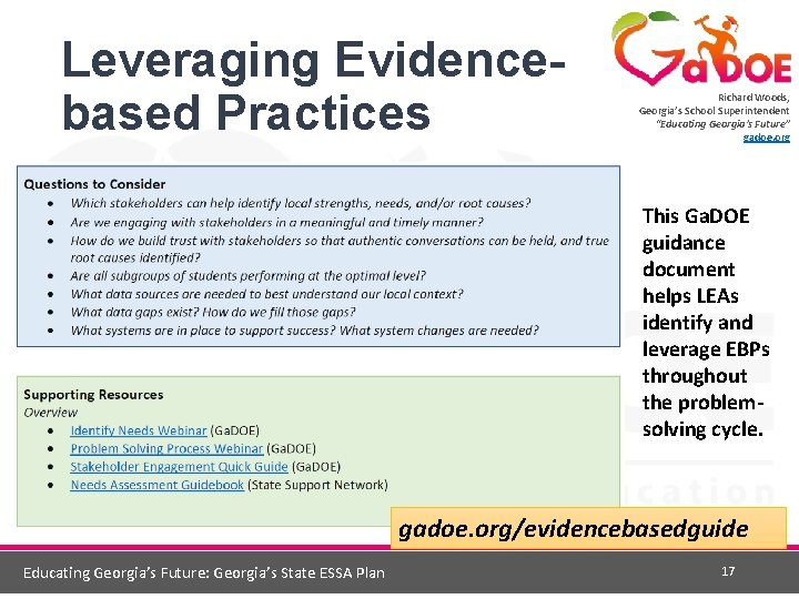 Leveraging Evidencebased Practices Richard Woods, Georgia’s School Superintendent “Educating Georgia’s Future” gadoe. org This