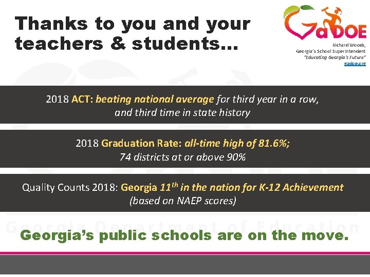 Thanks to you and your teachers & students… Richard Woods, Georgia’s School Superintendent “Educating
