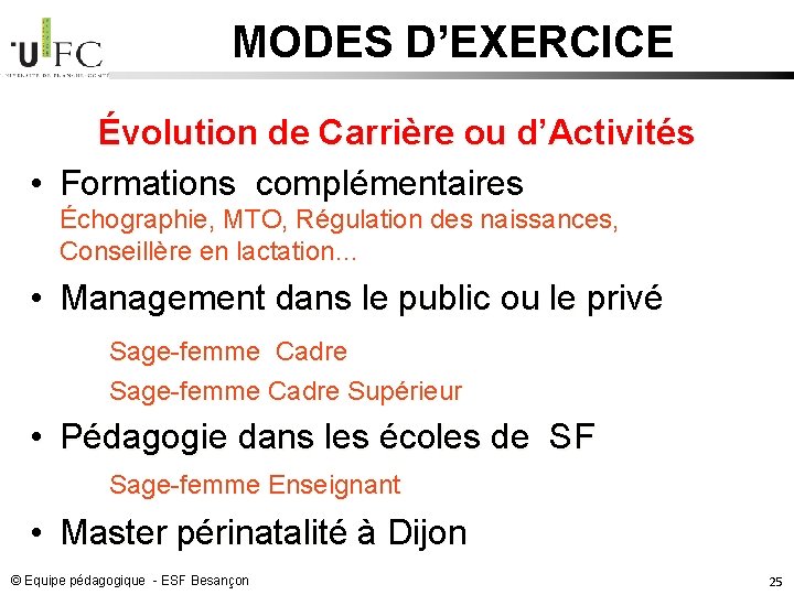 MODES D’EXERCICE Évolution de Carrière ou d’Activités • Formations complémentaires Échographie, MTO, Régulation des MODES D’EXERCICE Évolution de Carrière ou d’Activités • Formations complémentaires Échographie, MTO, Régulation des