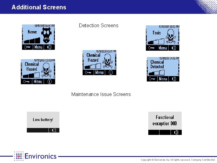 Additional Screens Detection Screens Maintenance Issue Screens Copyright © Environics Oy. All rights reserved.