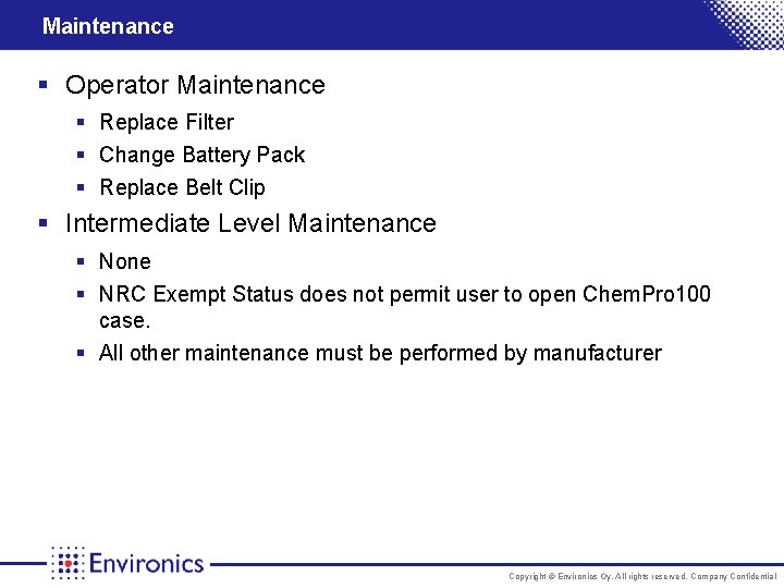 Maintenance § Operator Maintenance § Replace Filter § Change Battery Pack § Replace Belt