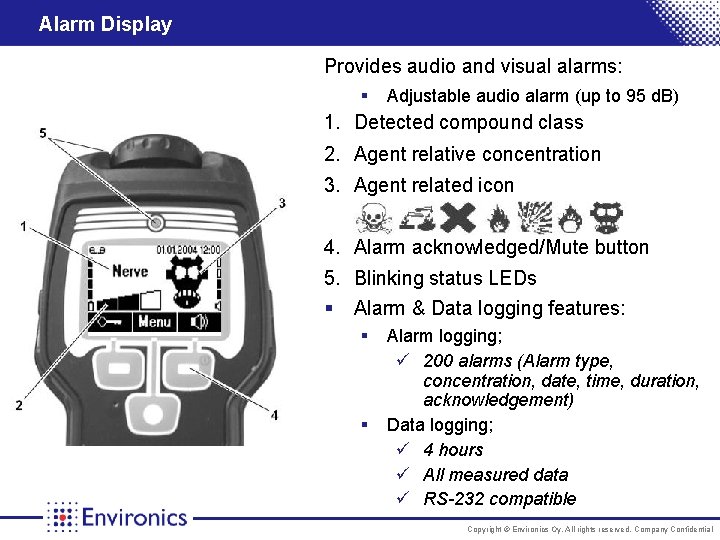 Alarm Display Provides audio and visual alarms: § Adjustable audio alarm (up to 95
