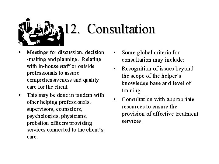 12. Consultation • • Meetings for discussion, decision -making and planning. Relating with in-house