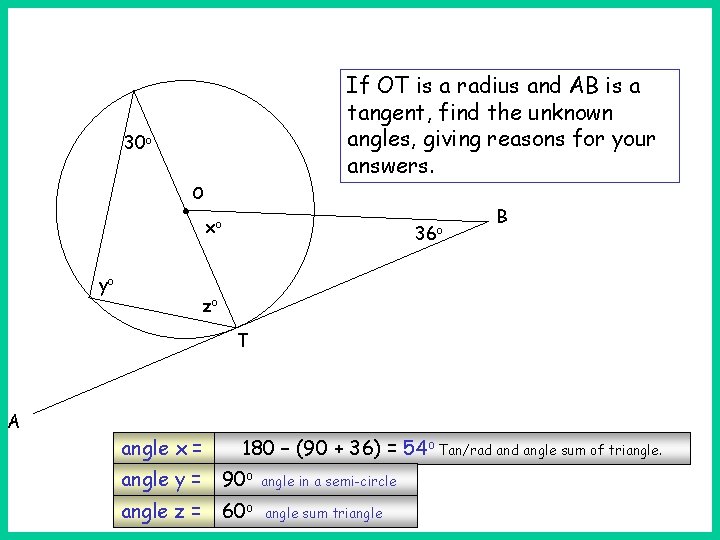 If OT is a radius and AB is a tangent, find the unknown angles,