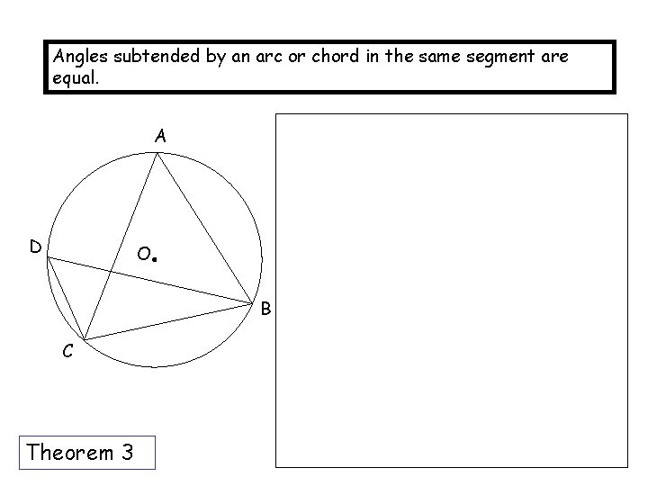 Angles subtended by an arc or chord in the same segment are equal. A