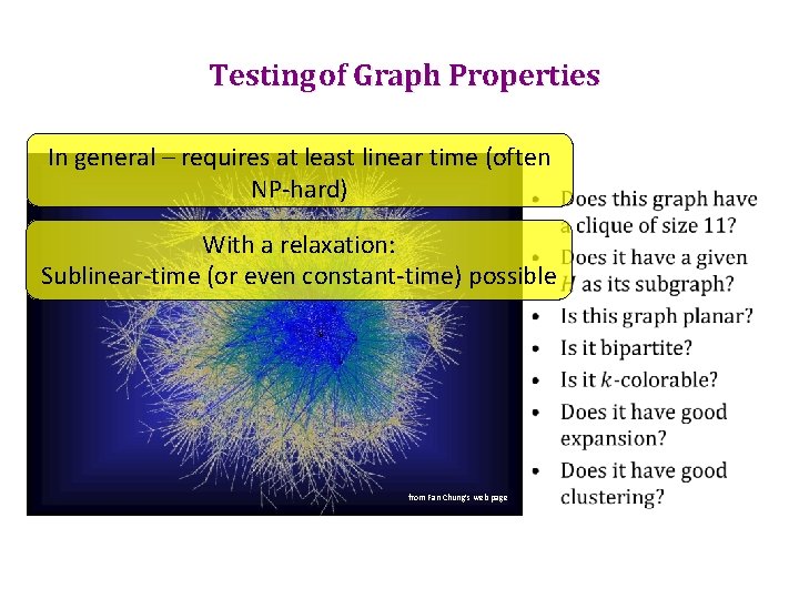 Testing of Graph Properties In general – requires at least linear time (often NP-hard)