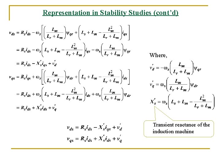 Representation in Stability Studies (cont’d) Where, Transient reactance of the induction machine 