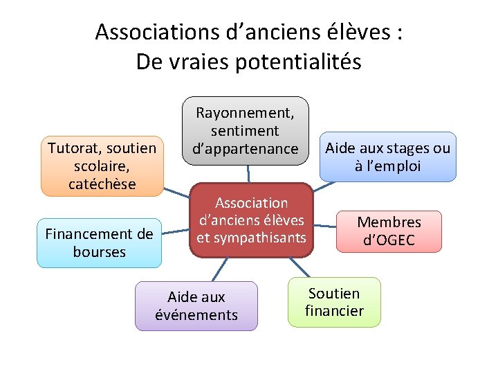 Associations d’anciens élèves : De vraies potentialités Tutorat, soutien scolaire, catéchèse Financement de bourses