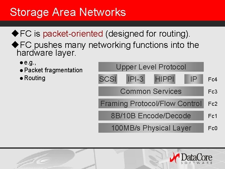 Storage Area Networks u. FC is packet-oriented (designed for routing). u. FC pushes many