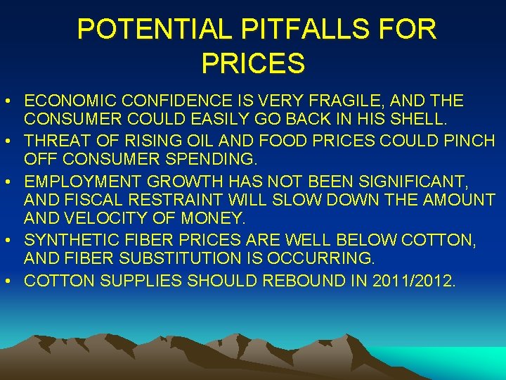  POTENTIAL PITFALLS FOR PRICES • ECONOMIC CONFIDENCE IS VERY FRAGILE, AND THE CONSUMER