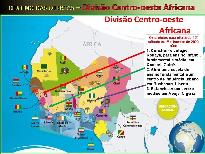 DESTINO DAS OFERTAS – Divisão Centro-oeste Africana Os projetos para oferta do 13° sábado