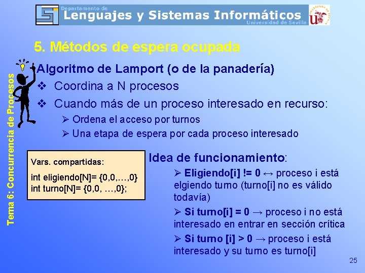Tema 6: Concurrencia de Procesos 5. Métodos de espera ocupada Algoritmo de Lamport (o