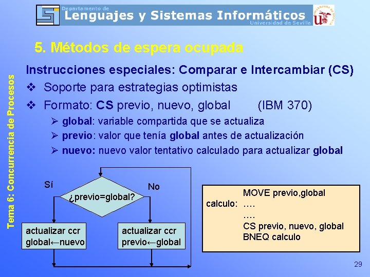 Tema 6: Concurrencia de Procesos 5. Métodos de espera ocupada Instrucciones especiales: Comparar e