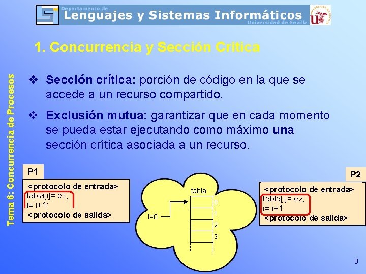 Tema 6: Concurrencia de Procesos 1. Concurrencia y Sección Crítica v Sección crítica: porción