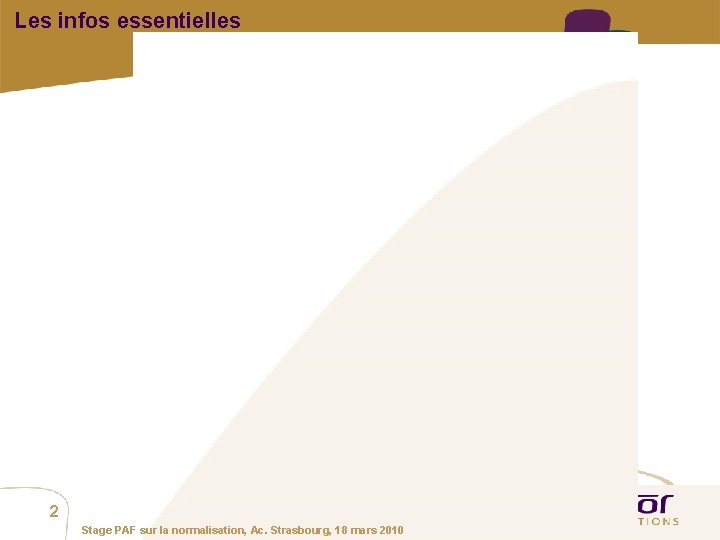 Les infos essentielles 2 Stage PAF sur la normalisation, Ac. Strasbourg, 18 mars 2010 Les infos essentielles 2 Stage PAF sur la normalisation, Ac. Strasbourg, 18 mars 2010