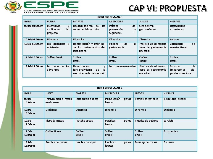 CAP VI: PROPUESTA HORARIO SEMANA 1 HORA LUNES 09: 00 -10: 00 am Bienvenida