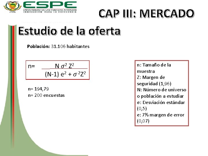 CAP III: MERCADO Estudio de la oferta Población: 31. 106 habitantes n= 194, 79