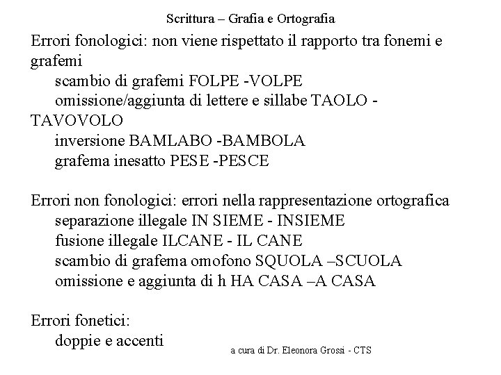 Scrittura – Grafia e Ortografia Errori fonologici: non viene rispettato il rapporto tra fonemi
