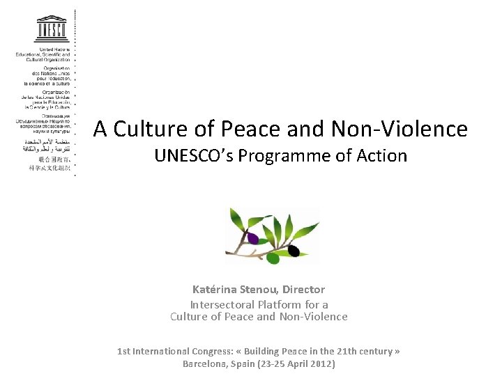 A Culture of Peace and Non-Violence UNESCO’s Programme of Action Katérina Stenou, Director Intersectoral