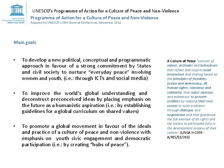 UNESCO’s Programme of Action for a Culture of Peace and Non-Violence Adopted by UNESCO’s