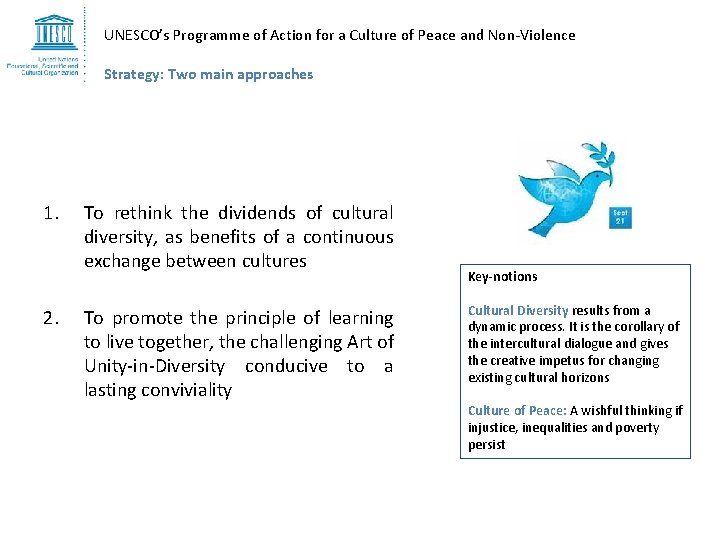 UNESCO’s Programme of Action for a Culture of Peace and Non-Violence Strategy: Two main