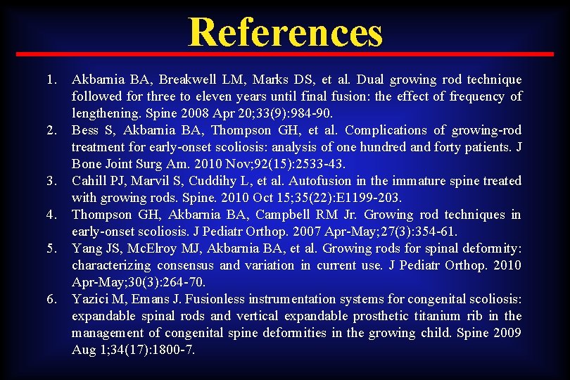 References 1. Akbarnia BA, Breakwell LM, Marks DS, et al. Dual growing rod technique