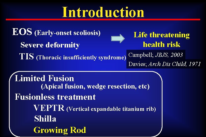 Introduction EOS (Early-onset scoliosis) Severe deformity Life threatening health risk TIS (Thoracic insufficiently syndrome)