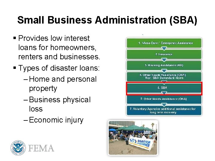 Small Business Administration (SBA) § Provides low interest loans for homeowners, renters and businesses.