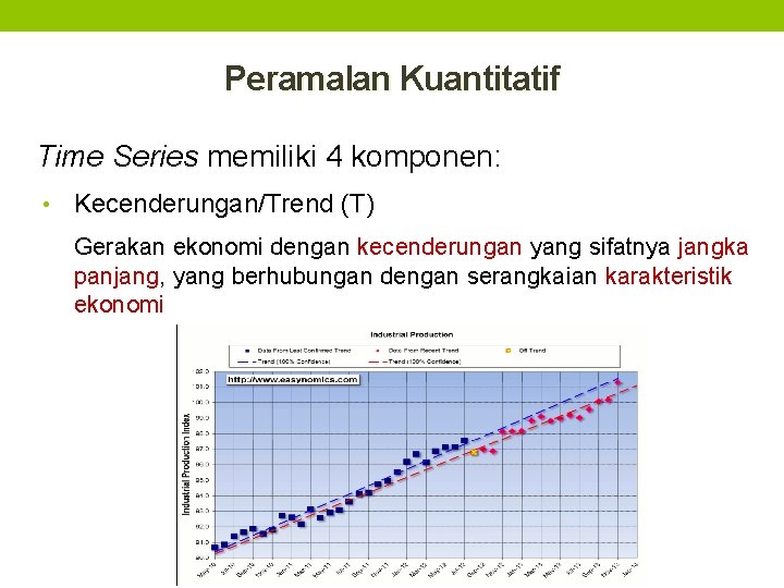 Peramalan Kuantitatif Time Series memiliki 4 komponen: • Kecenderungan/Trend (T) Gerakan ekonomi dengan kecenderungan