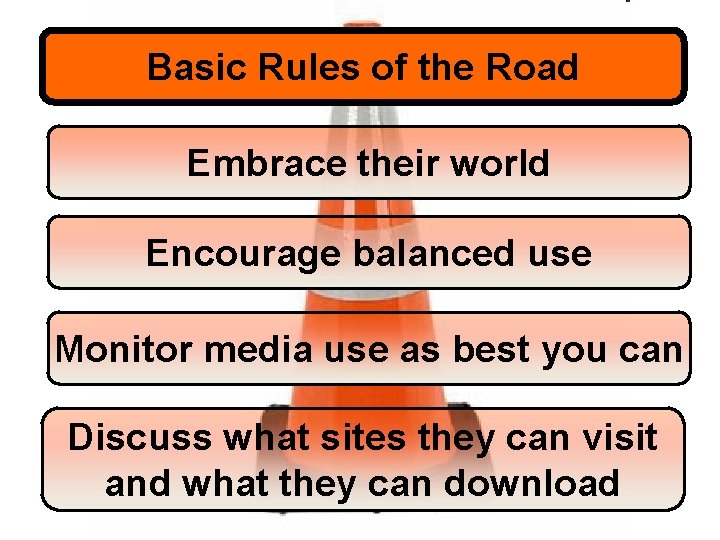 Basic Rules of the Road Embrace their world Encourage balanced use Monitor media use