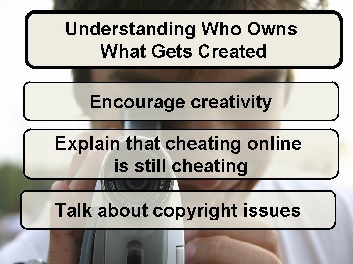 Understanding Who Owns What Gets Created Encourage creativity Explain that cheating online is still