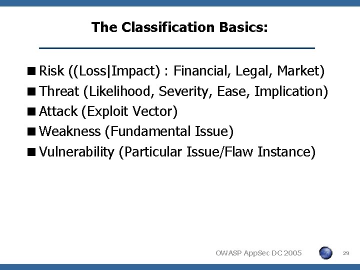 The Classification Basics: <Risk ((Loss|Impact) : Financial, Legal, Market) <Threat (Likelihood, Severity, Ease, Implication)