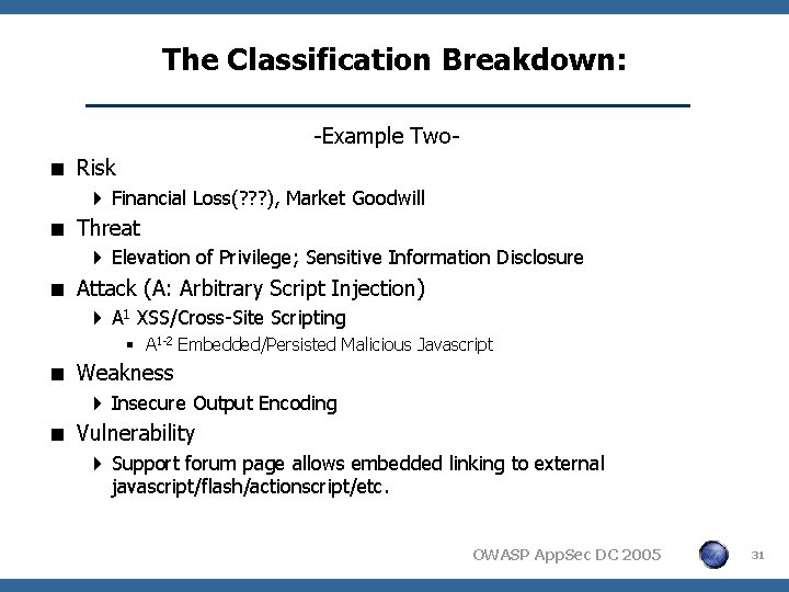 The Classification Breakdown: -Example Two- < Risk 4 Financial Loss(? ? ? ), Market