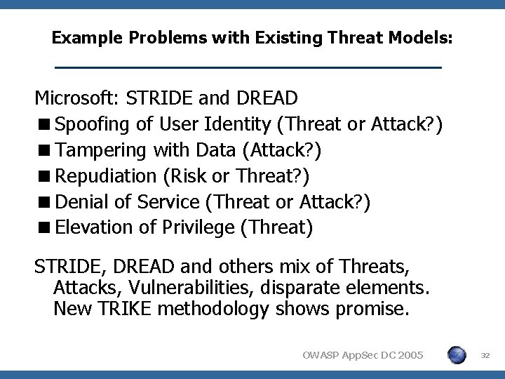 Example Problems with Existing Threat Models: Microsoft: STRIDE and DREAD <Spoofing of User Identity