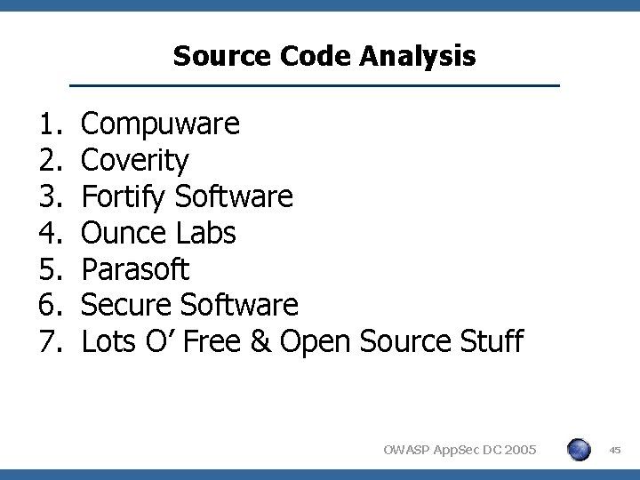Source Code Analysis 1. 2. 3. 4. 5. 6. 7. Compuware Coverity Fortify Software