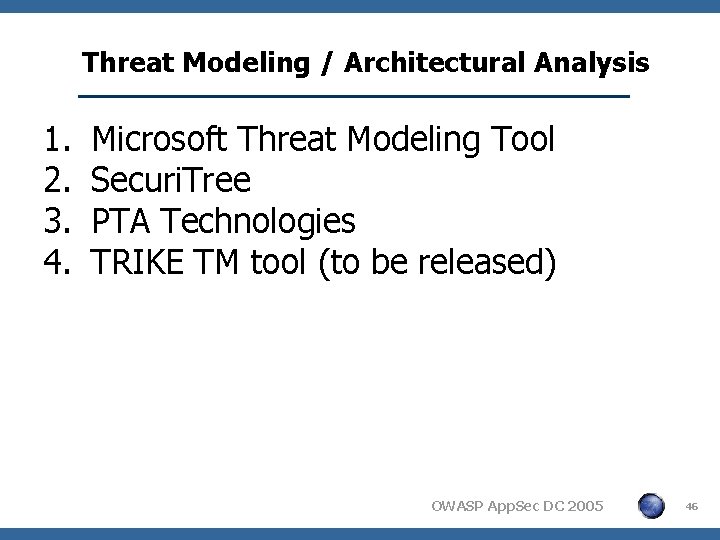 Threat Modeling / Architectural Analysis 1. 2. 3. 4. Microsoft Threat Modeling Tool Securi.