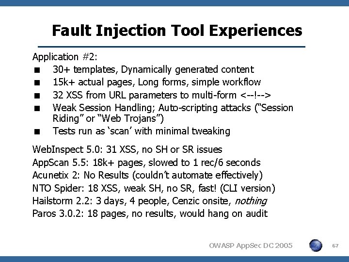 Fault Injection Tool Experiences Application #2: < 30+ templates, Dynamically generated content < 15