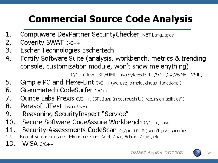 Commercial Source Code Analysis 1. 2. 3. 4. Compuware Dev. Partner Security. Checker. NET