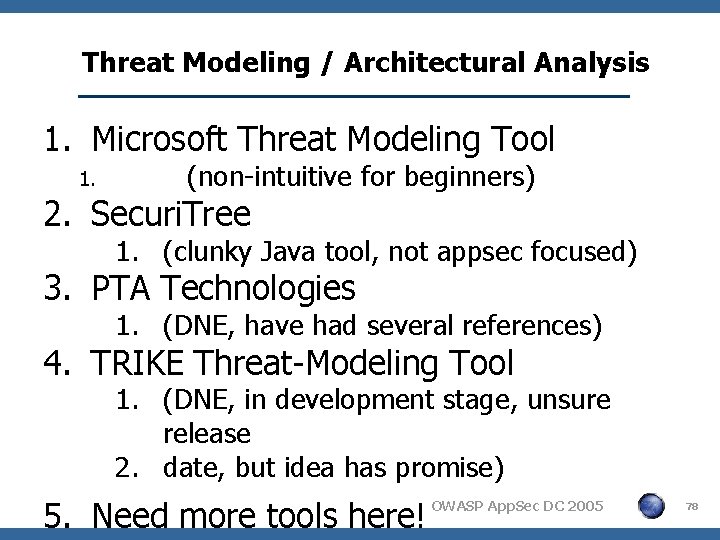 Threat Modeling / Architectural Analysis 1. Microsoft Threat Modeling Tool 1. (non-intuitive for beginners)