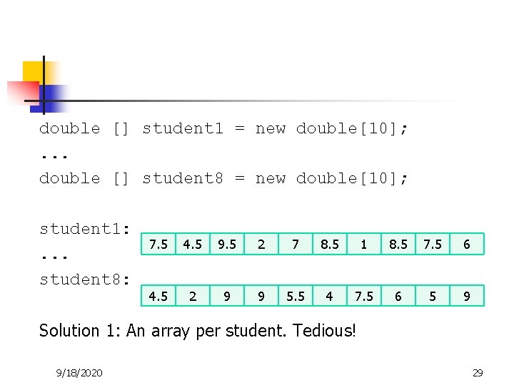 double [] student 1 = new double[10]; . . . double [] student 8