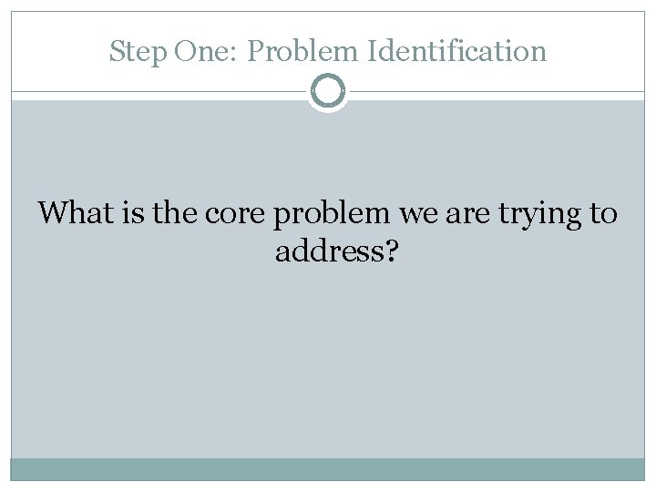 Step One: Problem Identification What is the core problem we are trying to address? Step One: Problem Identification What is the core problem we are trying to address?