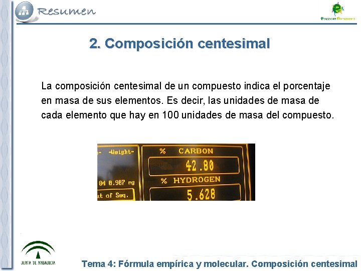 2. Composición centesimal La composición centesimal de un compuesto indica el porcentaje en masa