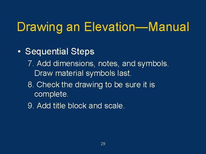 Drawing an Elevation—Manual • Sequential Steps 7. Add dimensions, notes, and symbols. Draw material