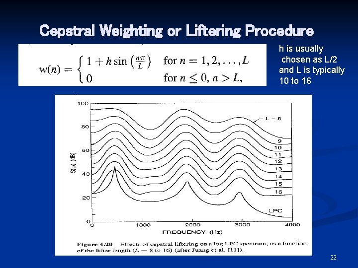Cepstral Weighting or Liftering Procedure h is usually chosen as L/2 and L is