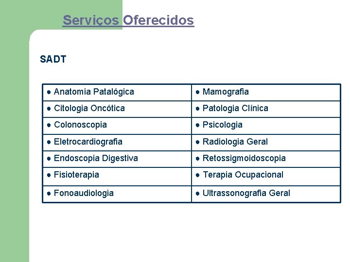 Serviços Oferecidos SADT ● Anatomia Patalógica ● Mamografia ● Citologia Oncótica ● Patologia Clínica