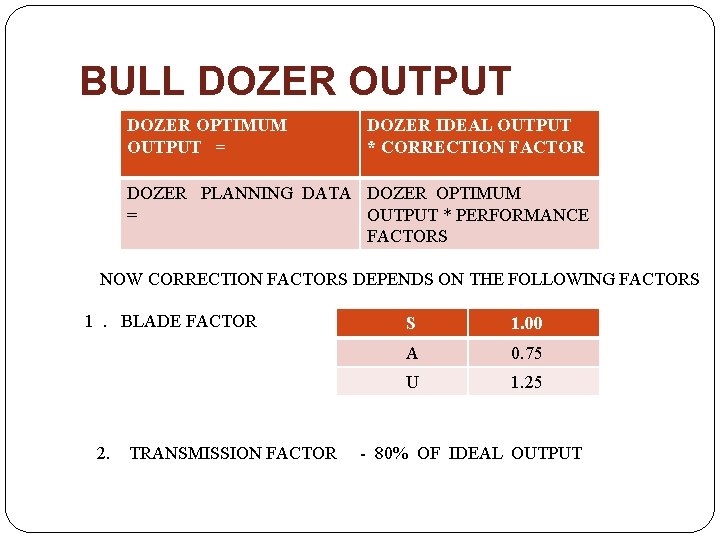 BULL DOZER OUTPUT DOZER OPTIMUM OUTPUT = DOZER IDEAL OUTPUT * CORRECTION FACTOR DOZER