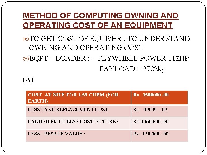 METHOD OF COMPUTING OWNING AND OPERATING COST OF AN EQUIPMENT TO GET COST OF