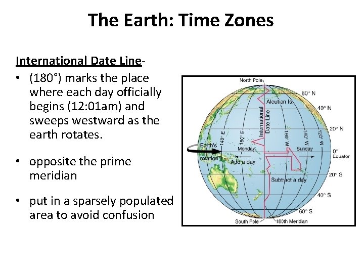 The Earth: Time Zones International Date Line • (180°) marks the place where each