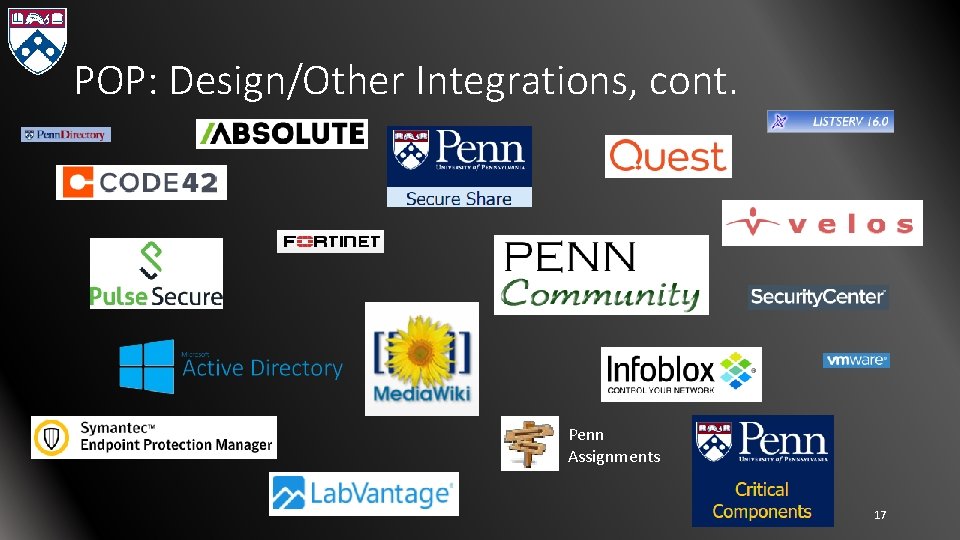 POP: Design/Other Integrations, cont. Penn Assignments 17 