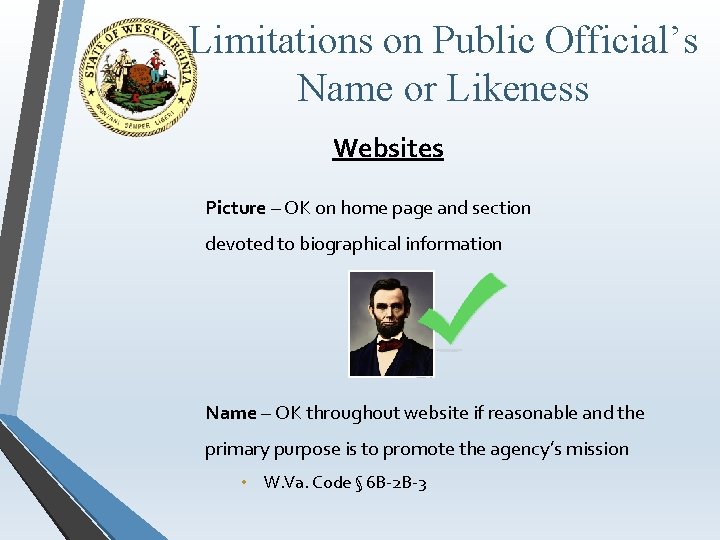 Limitations on Public Official’s Name or Likeness Websites Picture – OK on home page